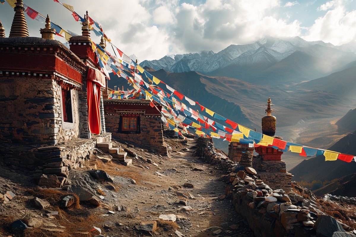 Mountain sanctuaries in Tibet, elegantly adorned with prayer flags and mysterious aura.