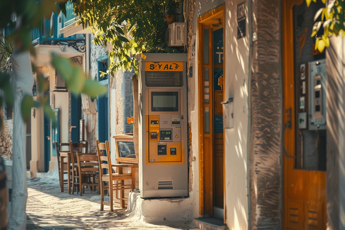 ATM machine in a charming street in Crete for easy cash withdrawals.